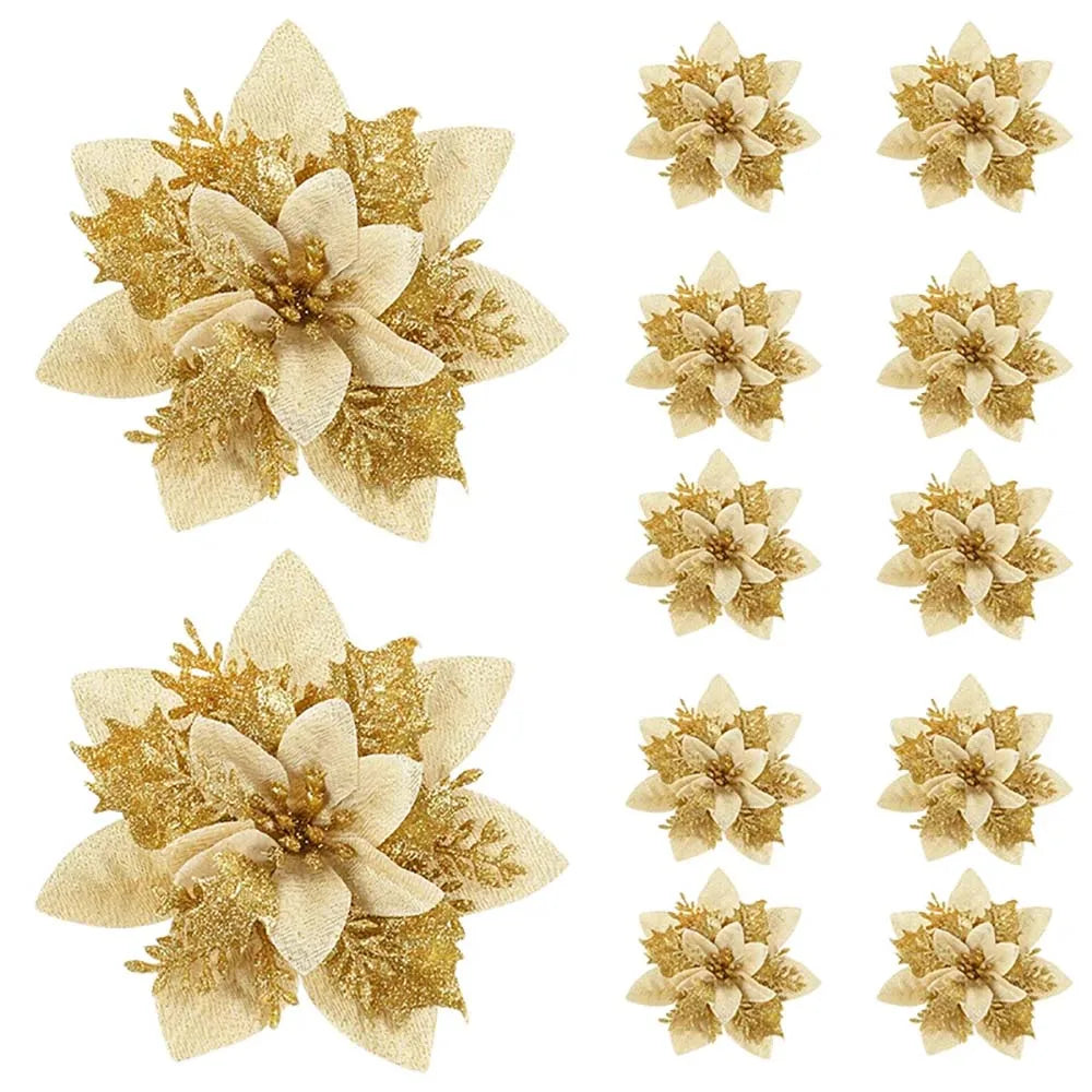5/10pcs 14.5cm Christmas Flower Ornaments,Pink,Red,Gold,Glitter Artifical Flowers For Christmas Tree,Xmas Decoration For Home